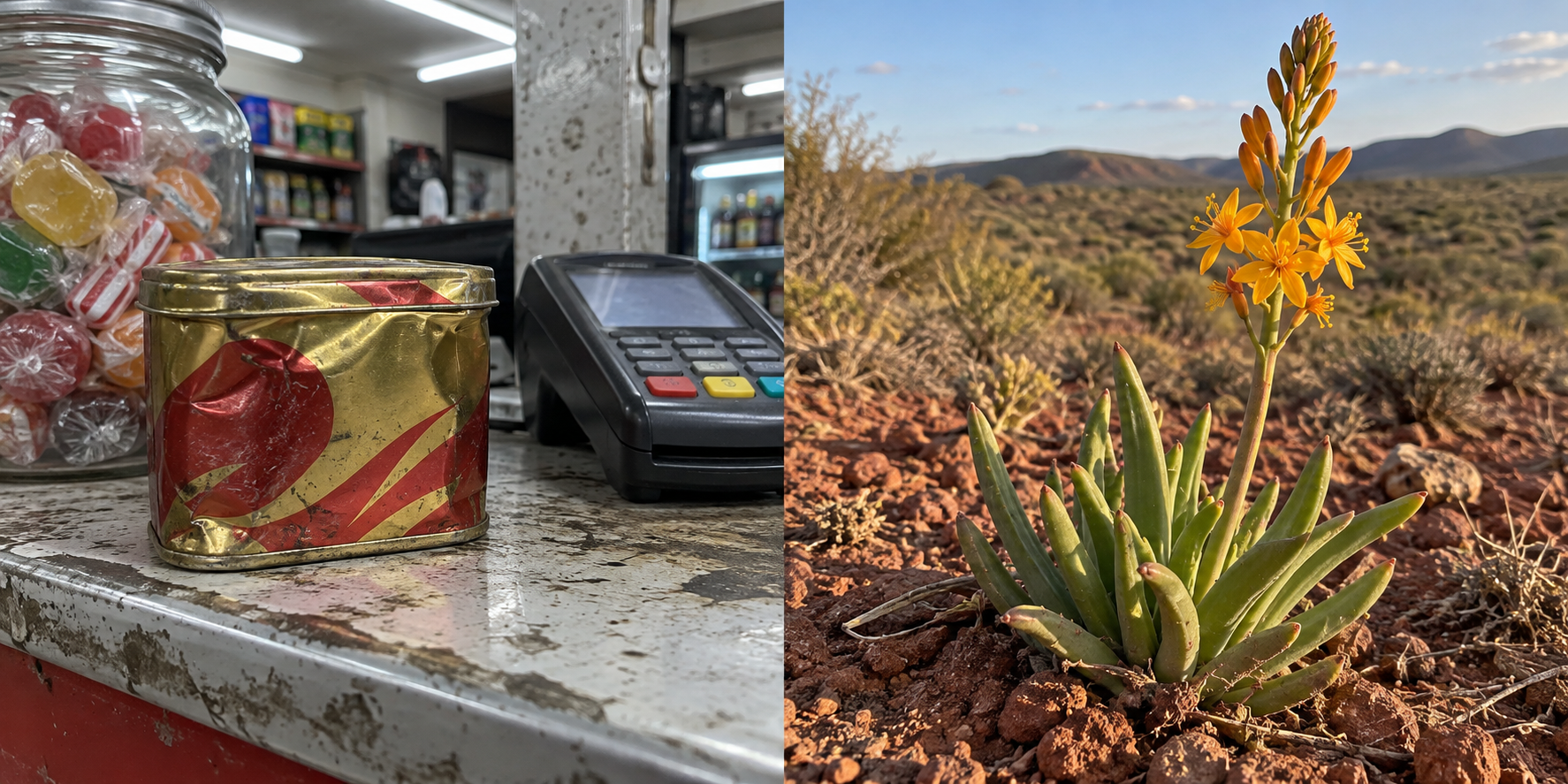 ’n Ouderwetse blikkie langs ’n kaartmasjien en ’n Suid-Afrikaanse veldplant