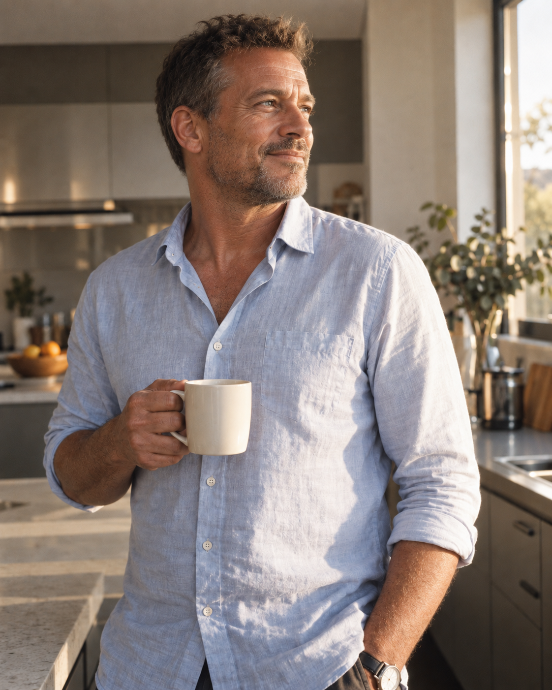 Man met sy oggendkoffie in die kombuis